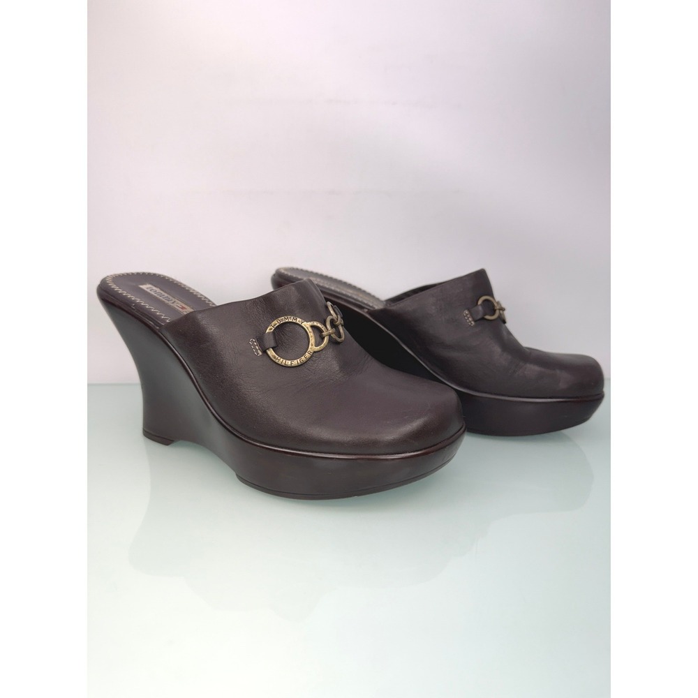 Tommy Hilfiger Tommy Girl Wedge Mule Clogs sz 6 Brown Leather Vintage 90s y2k - Picture 9 of 10
